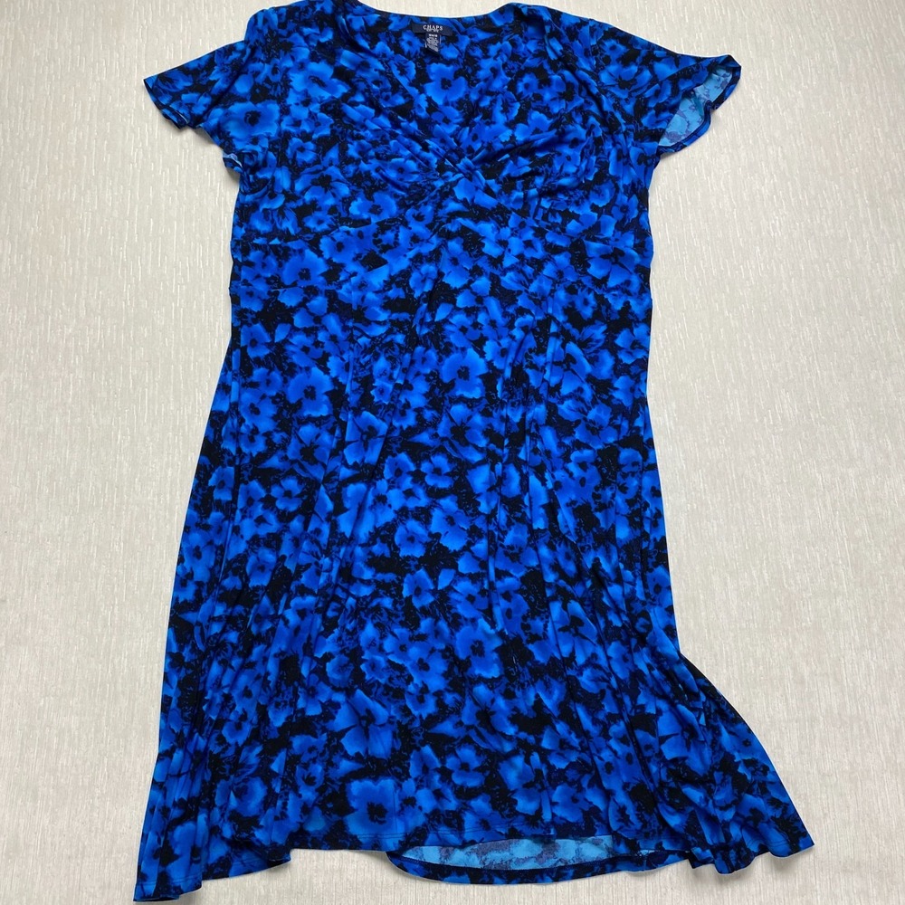 Chaps Crossover Surplice Dress Womens 16W Vibrant Blue Black Floral Cap Sleeve